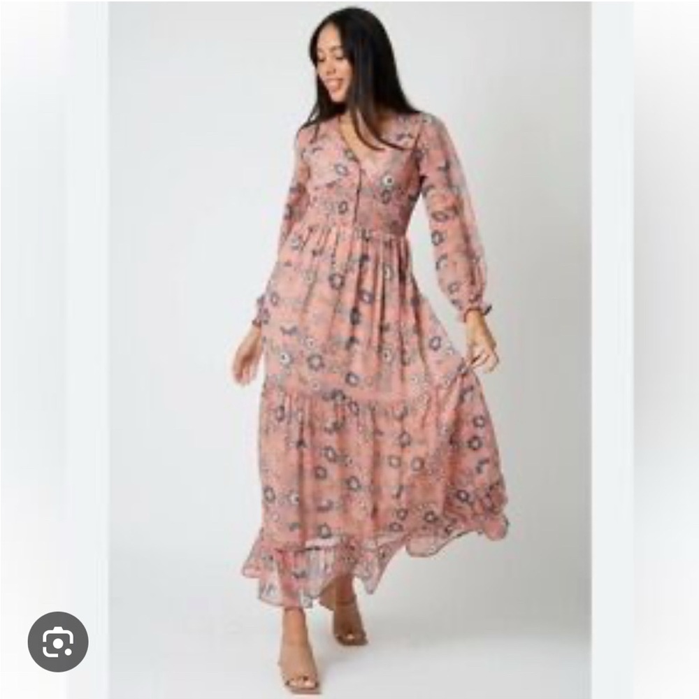 Patrons of Peace Floral‎ Smocked Maxi Dress in pink Size Small Boho Tiered